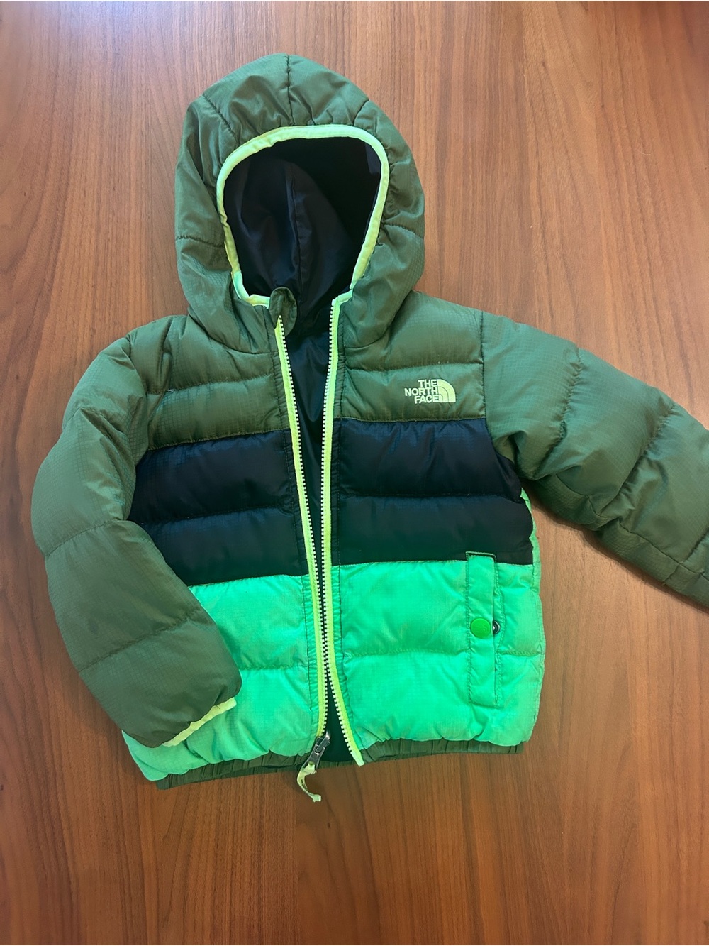 The North Face Olive Green and Dark Brown Kids Puffer Jacket Stained sleeves